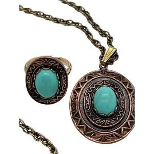 Vintage Southwestern Copper Pendant Necklace W/Adjustable 12k G.F. Shank Ring